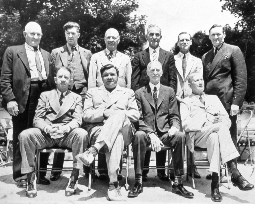 COOPERSTOWN, NY - JULY, 1939. The first inductees to the Baseball Hall of Fame pose for a group portrait in Cooperstown in July of 1939. They are: top row left to right Honus Wagner, Grover Cleveland Alexander, Tris Speaker, Nap Lajoie, George Sisler, and Walter Johnson. Front row Eddie Collins, Babe Ruth, Connie Mack, and Cy Young. (Photo by Mark Rucker/Transcendental Graphics, Getty Images)